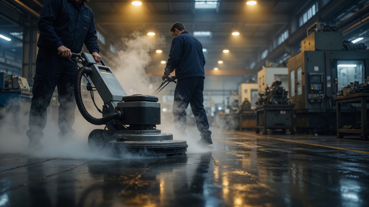Operatore ProClean con lavasciuga industriale in capannone produttivo Verona.