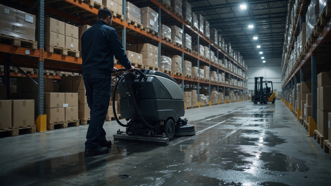 Team ProClean con lavasciuga pavimenti in magazzino logistico industriale